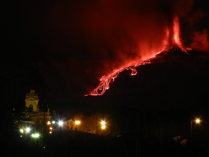 Lava spilling down the side of Mount Etna, Sicily.