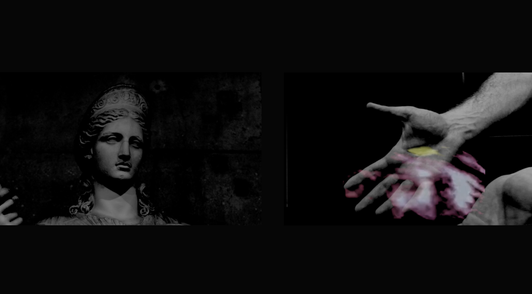 Cradle of Fire film double screen Juno and Vulcan's hands layered with fire © Diana Scarborough Screenshot 2024-11-19 at 18.10.54