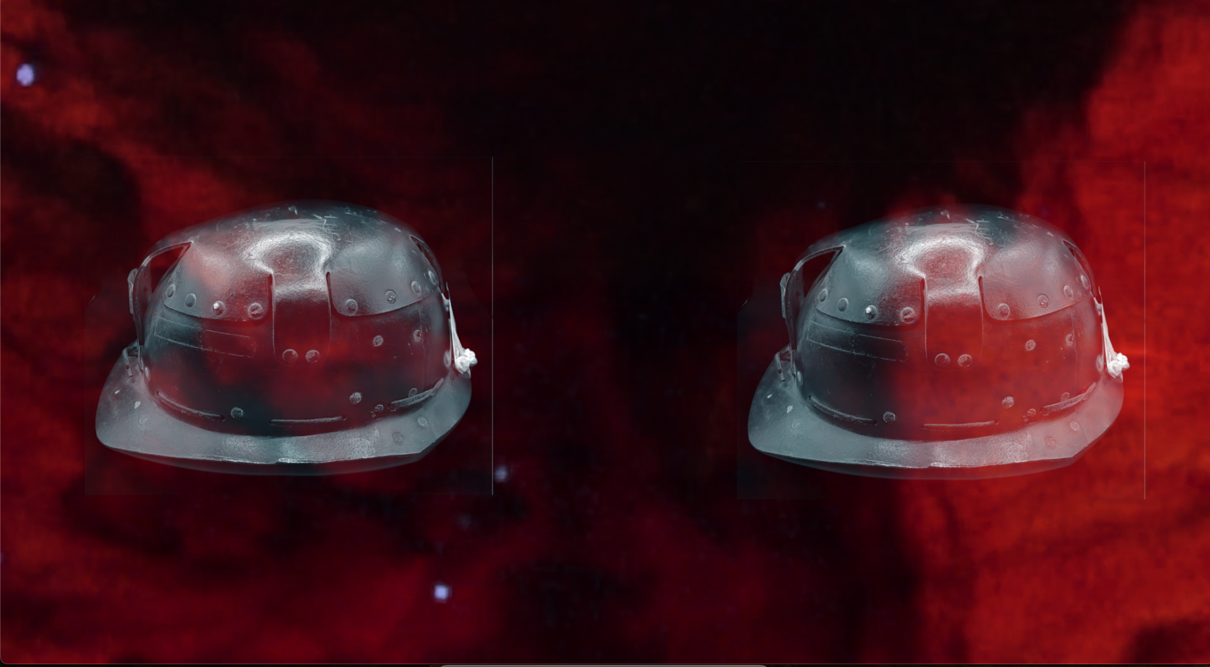 Cradle of Fire film still showing miners' helmets from the Land of Iron Museum collection