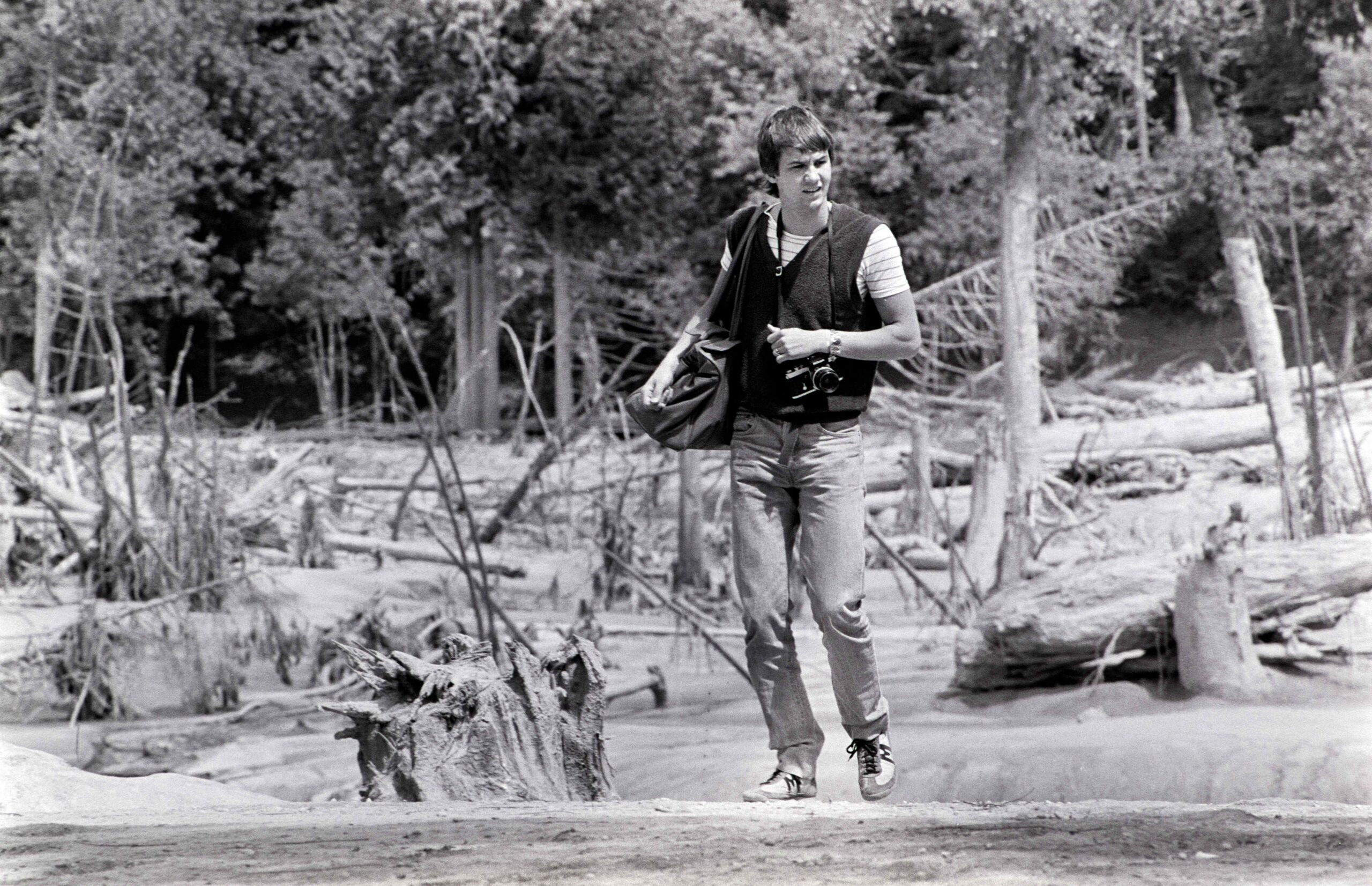 Photographer Stefan Svensson at Mount St Helens after the volcanic eruption in 1980.